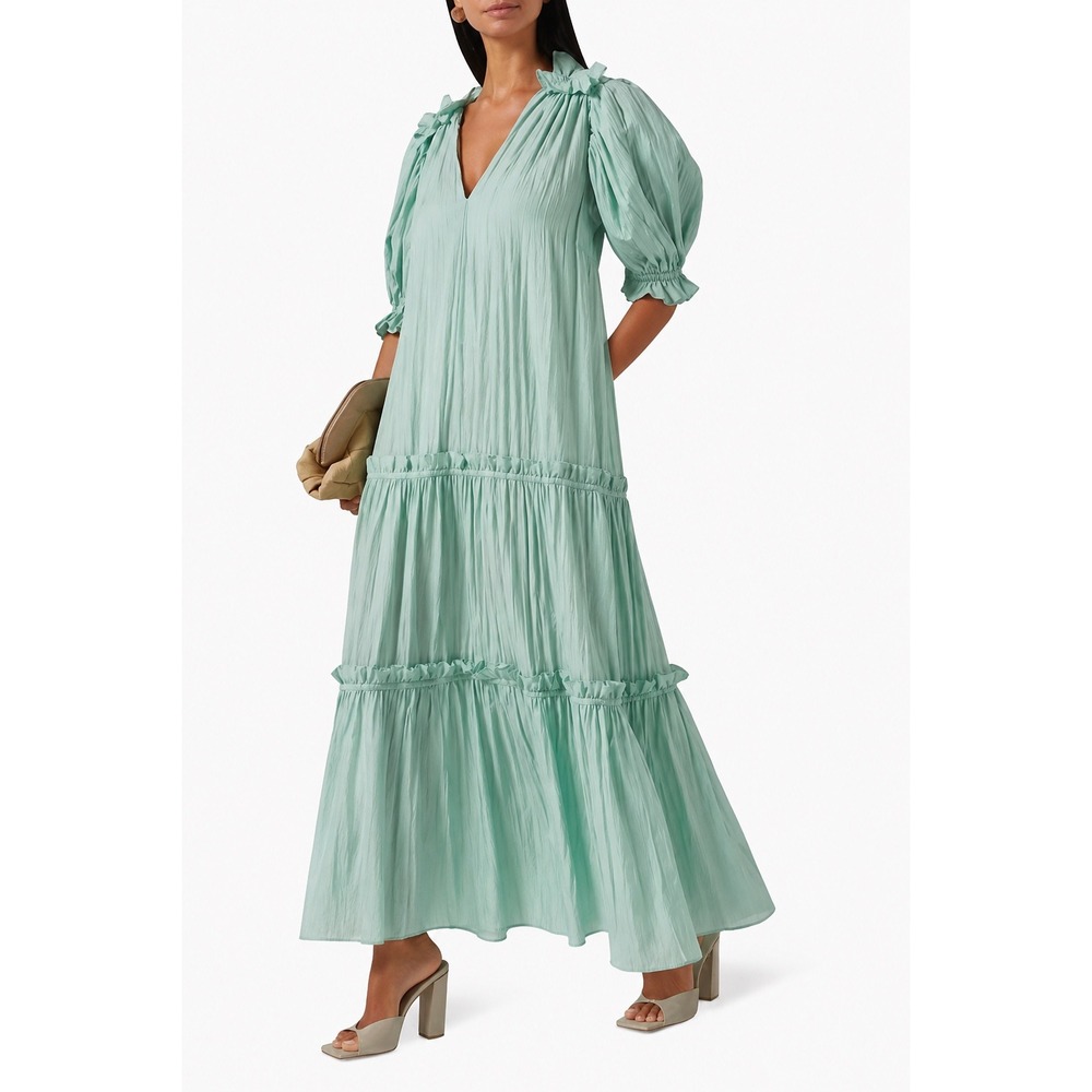 Acler Devonshire Mint Green Tiered Maxi Dress V-Neck Puff Sleeve Ruffle US 4